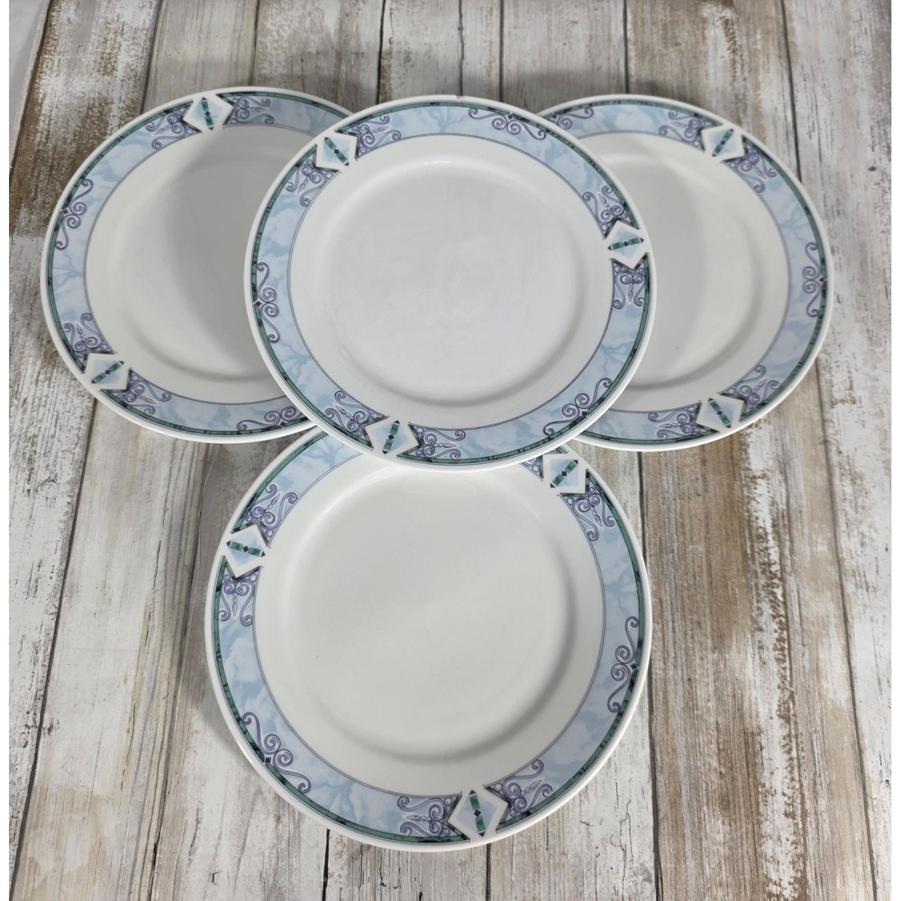 Lynns Fine China Salad Plates Set of 4 Blue White Marbled Scroll 7.75 Inch